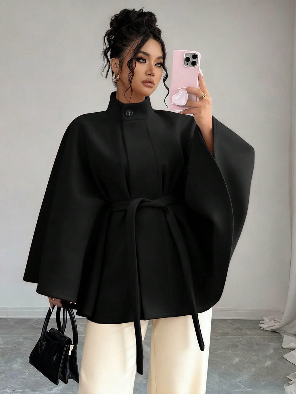 fashion stand collar waist plus sizeshortwoolen cape outwear wide sleeves tie backslimming look