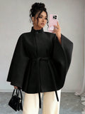 fashion stand collar waist plus sizeshortwoolen cape outwear wide sleeves tie backslimming look
