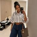 European and american cross-border women's fashion:  summer new arrival - casual chic striped cropped blouse with turn-down collar and unique design
