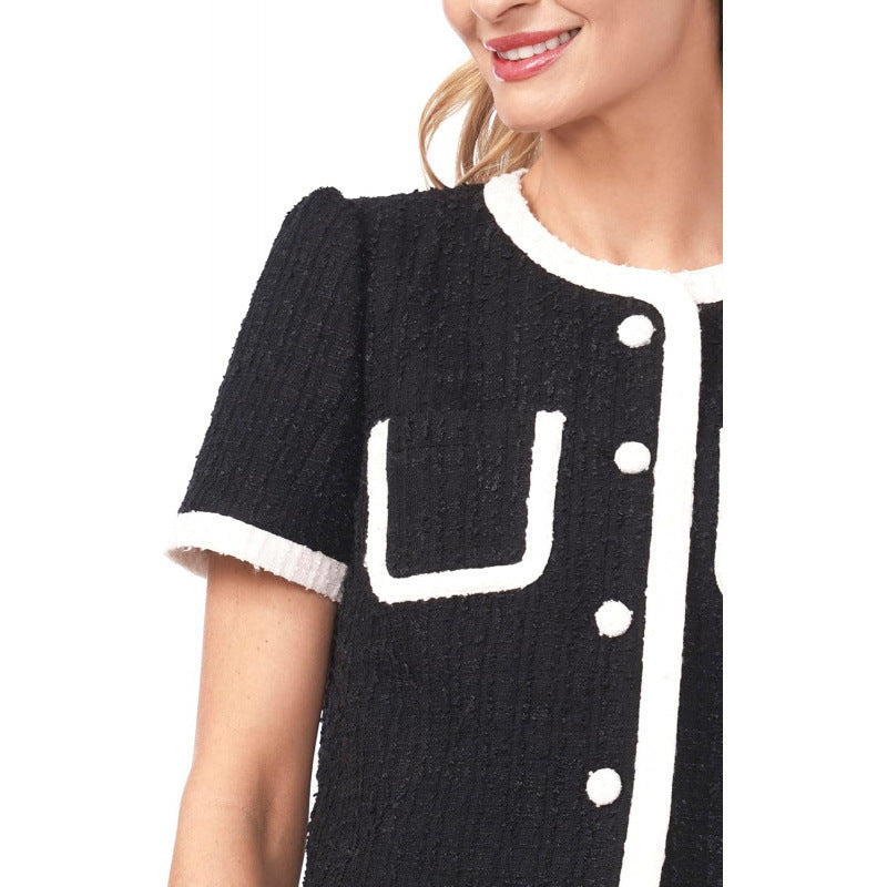 Amazon european and american bubble padded jacket with color block trim & slim-fit midi skirt set - new summer  collection