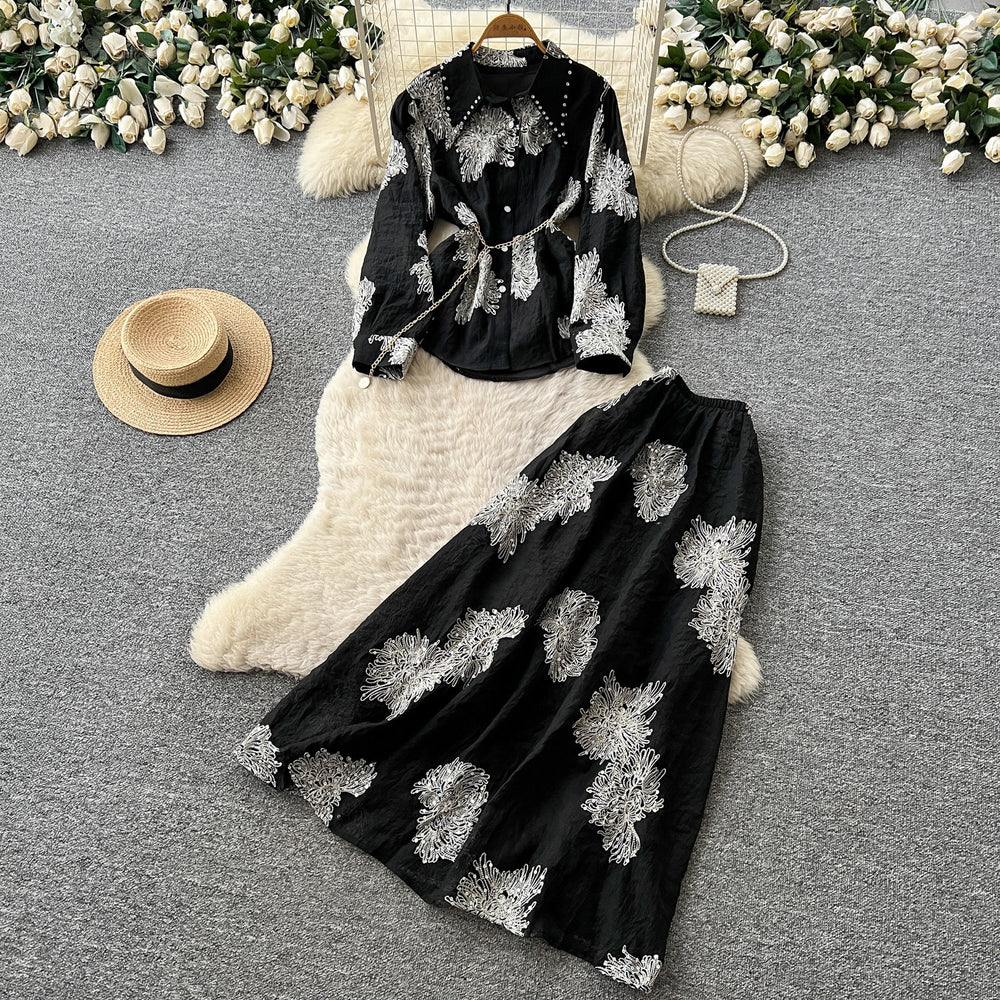 French chic embroidered mesh & rhinestone two-piece set - women's autumn long sleeve cinched waist tie-up high-end elegant outfit