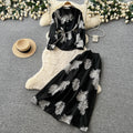 French chic embroidered mesh & rhinestone two-piece set - women's autumn long sleeve cinched waist tie-up high-end elegant outfit