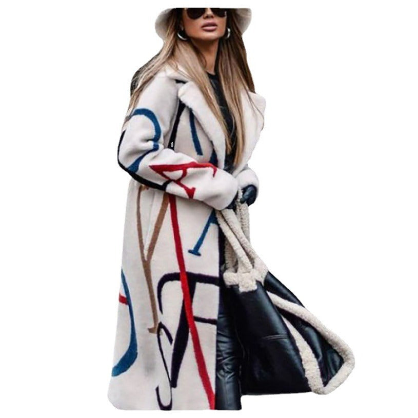 In stock! fashion cross-border fall and winternew arrivalwomen's looseplus sizeprinting windbreaker lapel coatoutwear women