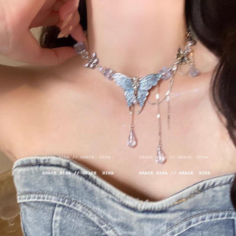 Ins style heavy industry blue crystal butterfly necklace for women 2026 new niche accessible luxury super fairy clavicle chain accessories
