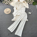 Fashionsuit female k-stylelong sleevesv neck waist knittingoutwear camisole three-piece set high waistloose pants