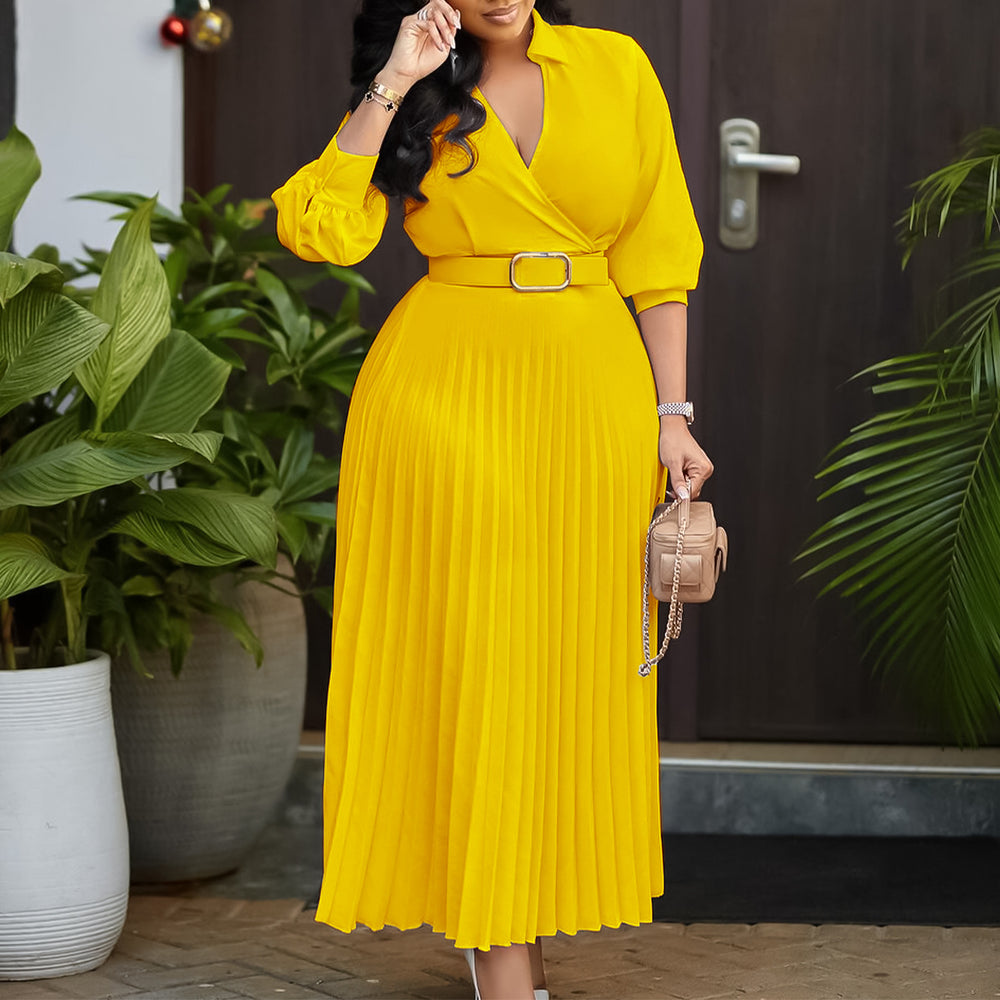 D3327  women's clothing  spring new fashion v-neck solid color long sleeve pleated maxi dress - export quality