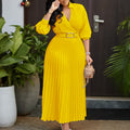 D3327  women's clothing  spring new fashion v-neck solid color long sleeve pleated maxi dress - export quality