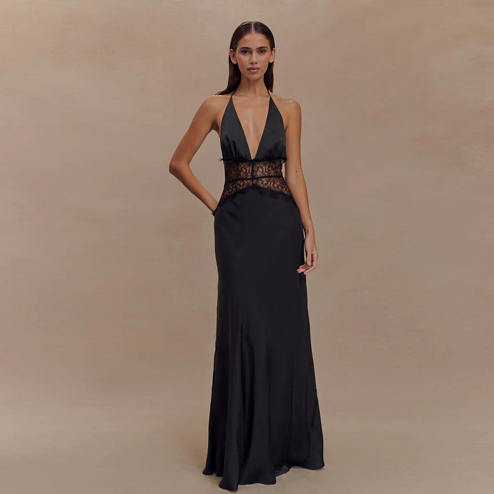 summer new arrivals: women's deep v backless maxi dress - lace, sheer, sexy, and slim-fit for cross-border e-commerce