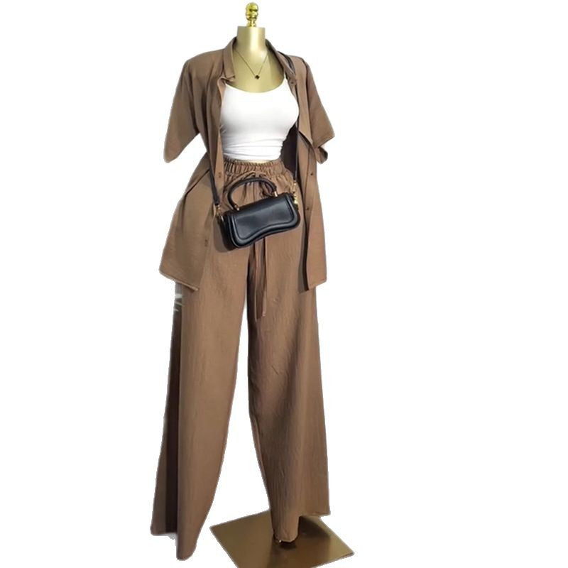 European and american cross-border women's clothing  summer new arrival: casual turn-down collar loose-fit short sleeve shirt and wide-leg pants fashion set