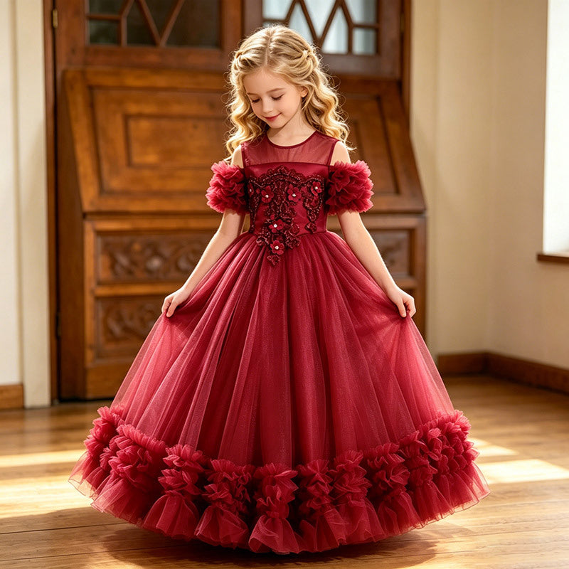 girls' red high-end formal dress, little girl's dress, holiday performance costume, kids' stylish puffy tutu skirt