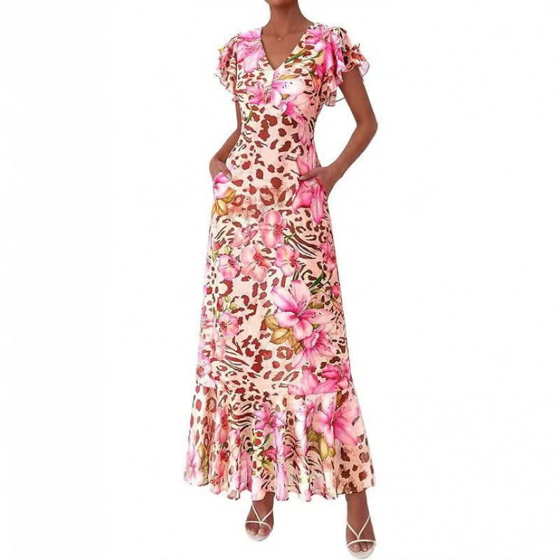 Summer floral maxi dress  spring short sleeve ruffle v-neck flowy bohemian beach vacation sundress