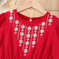 girls' dress - solid red embroidered & printed pleated skirt - summer sweet princess dress for mid-to-large children
