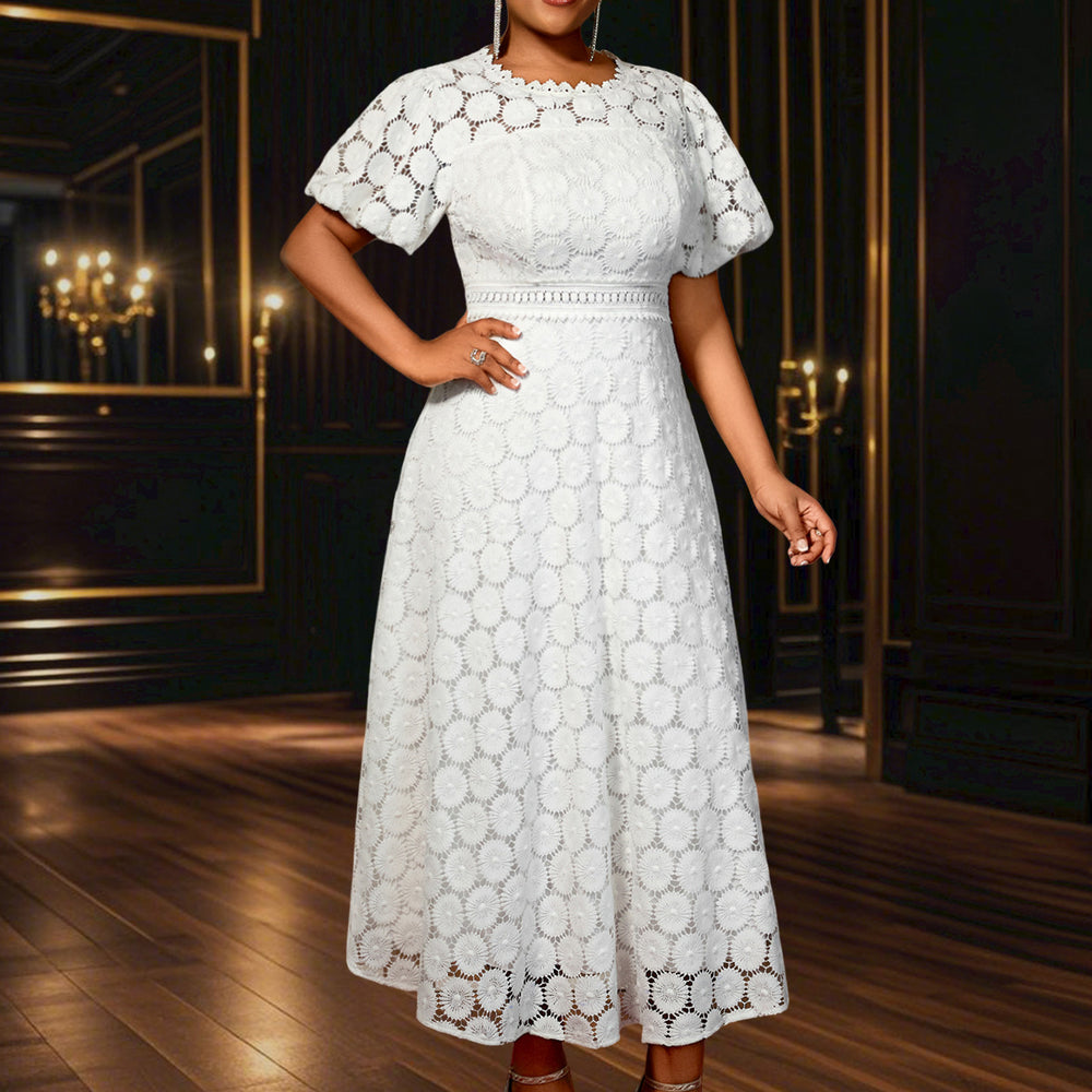 african plus size round neck lace puff sleeve dress high waist silma swing banquet evening dress dress