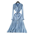 Elegant knitted dress: new autumn/winter  collection - high-end long sleeve, cinched waist maxi dress with v-neck and ruffle hem