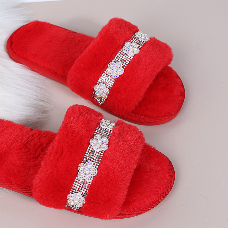 autumn and winter new arrivalk-style imitation rabbit stuffed fish mouth flower cotton slippers soft bottom home pure color cotton slippers dropshipping