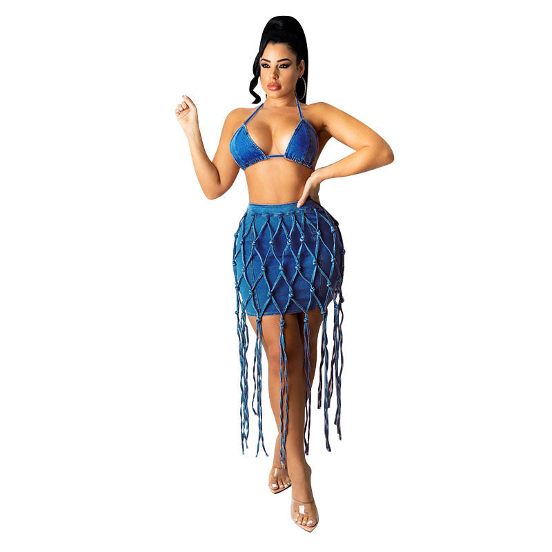 Amazon  hot selling women's skirt fashionnew arrivalhigh waistsexyexport woven belt denim skirt