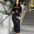 European and american women's clothing cross-border trade manufacturer  new round neck mesh panel long sleeve midi bodycon dress