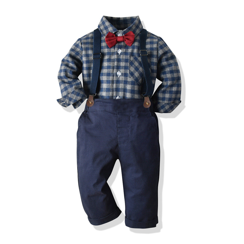 Kids' formal wear: spring/autumn preppy overalls, boys' long-sleeve plaid shirt set, baby's first birthday photography outfit