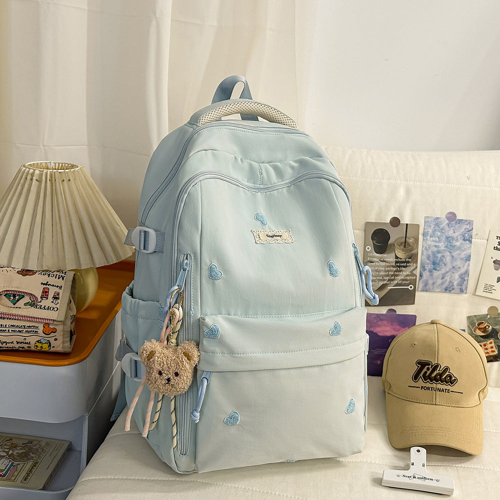 Heart embroiderypure color backpackcute style junior high school and college student backpack macaron color large capacity school bag