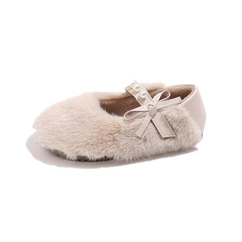 Pearl bow one-word with velvet light mouth fluffy cotton shoes 2024 winter new lazy one-pedal Doudou shoes