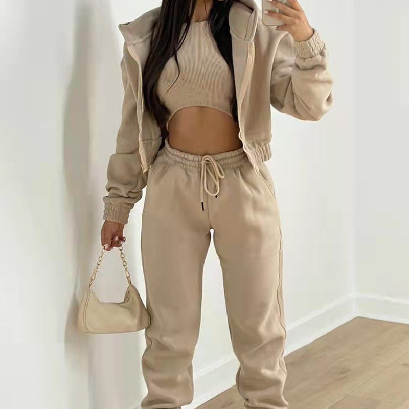 cross-border e-commerce european and american women's clothing: new summer collection - solid color casual activewear three-piece set (hoodie, sweatpants, and top)