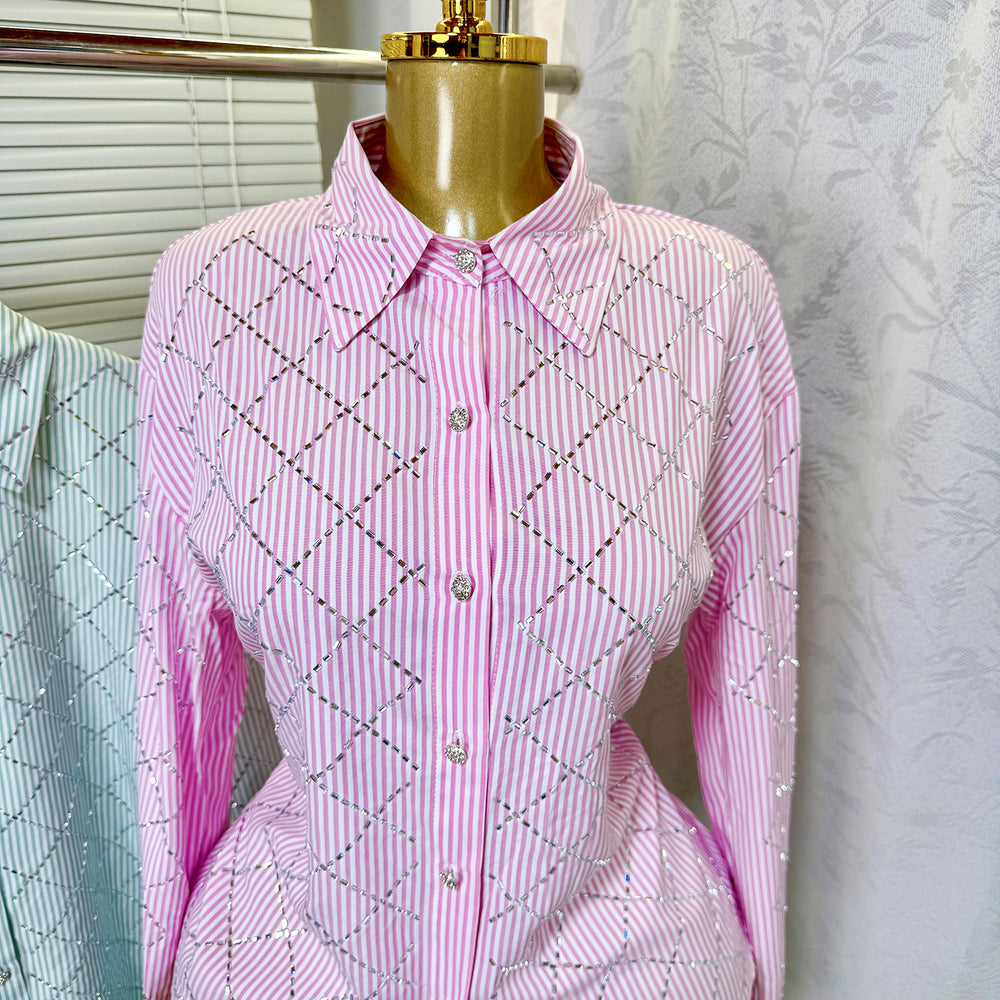 2025 summer new women's french chic rhinestone argyle casual loose thin long sleeve turn-down collar blouse shirt