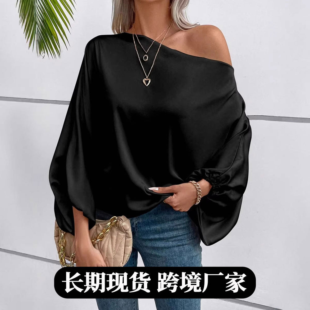 Amazon us & europe fashion independent store  winter new off-the-shoulder satin blouse - loose, asymmetrical top