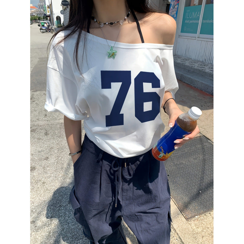 cross-border listing: new  women's printed crew neck off-shoulder short sleeve top