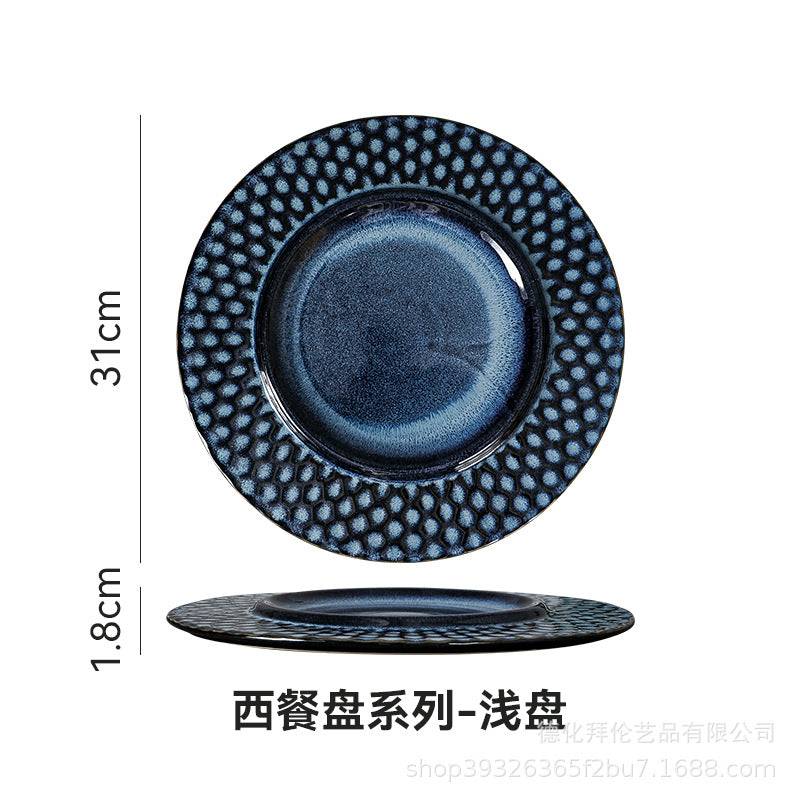 Japanese kiln-turned-beautiful western food plate, household polka dot creative tall spaghetti plate, soup plate, dessert plate
