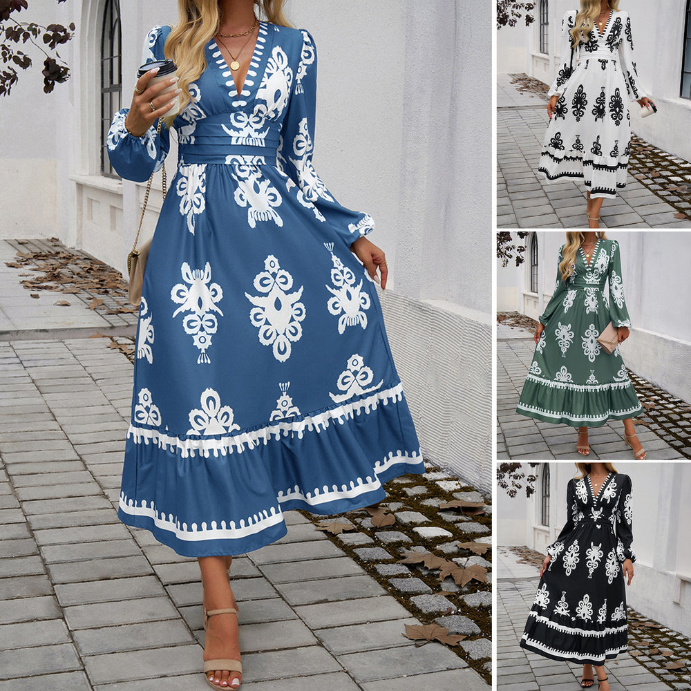 cross-border autumn/winter  fashion women's dress - elegant printed v-neck a-line dress for export to europe and the us