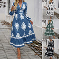 cross-border autumn/winter  fashion women's dress - elegant printed v-neck a-line dress for export to europe and the us