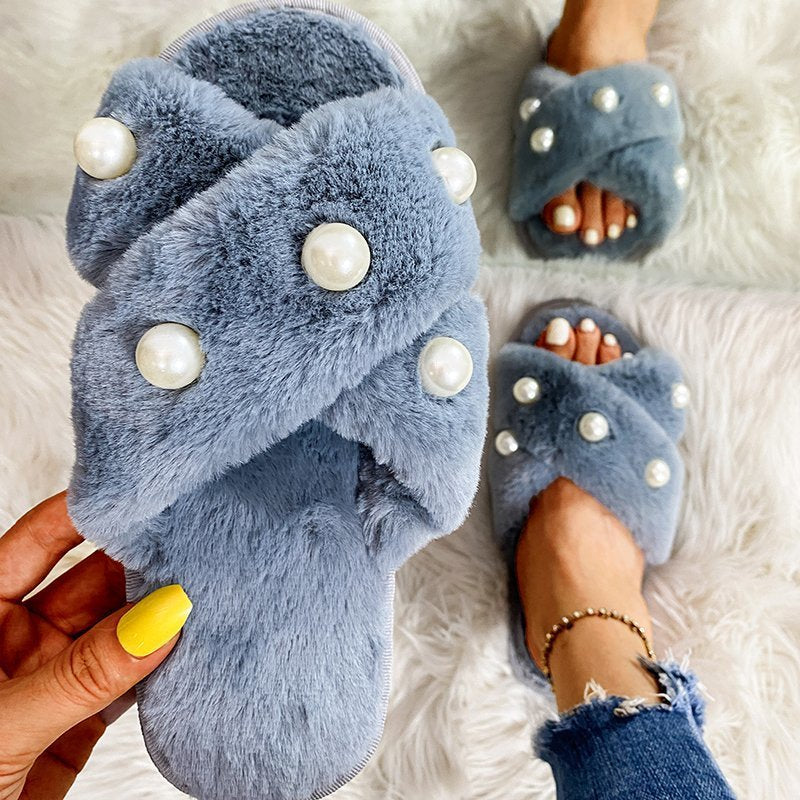 Plush slippers women 2024fall and winter cross home pearl decoration sewing thread plush slippers women