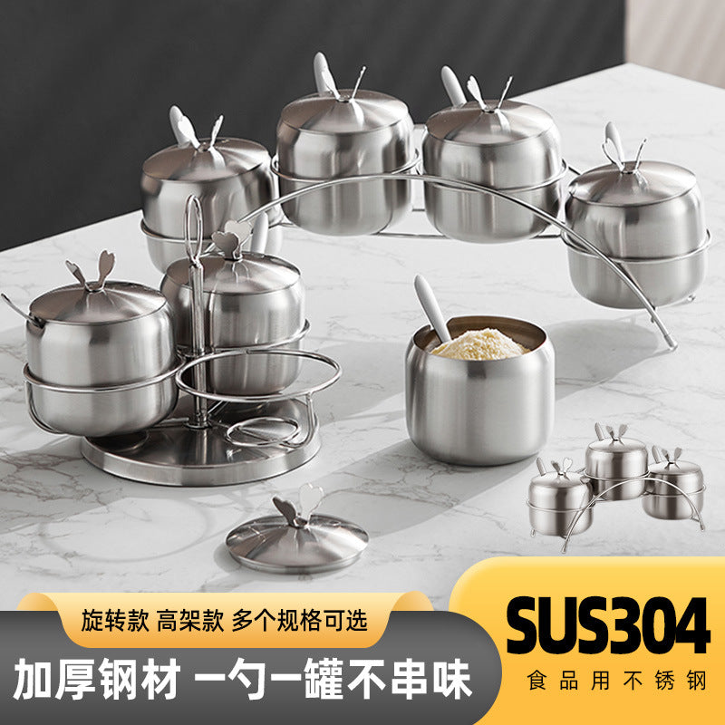304 stainless steel spice jar set - rotating kitchen condiment organizer for home use - includes sugar, pepper, and seasoning containers