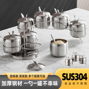 304 stainless steel spice jar set - rotating kitchen condiment organizer for home use - includes sugar, pepper, and seasoning containers