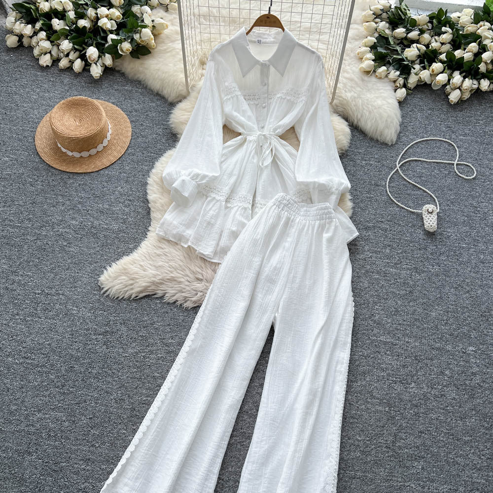 Frenchretro young ladysuit women's summer lantern sleeve shirt + elastic waist slimming look wide leg drapedpants