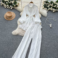 Frenchretro young ladysuit women's summer lantern sleeve shirt + elastic waist slimming look wide leg drapedpants