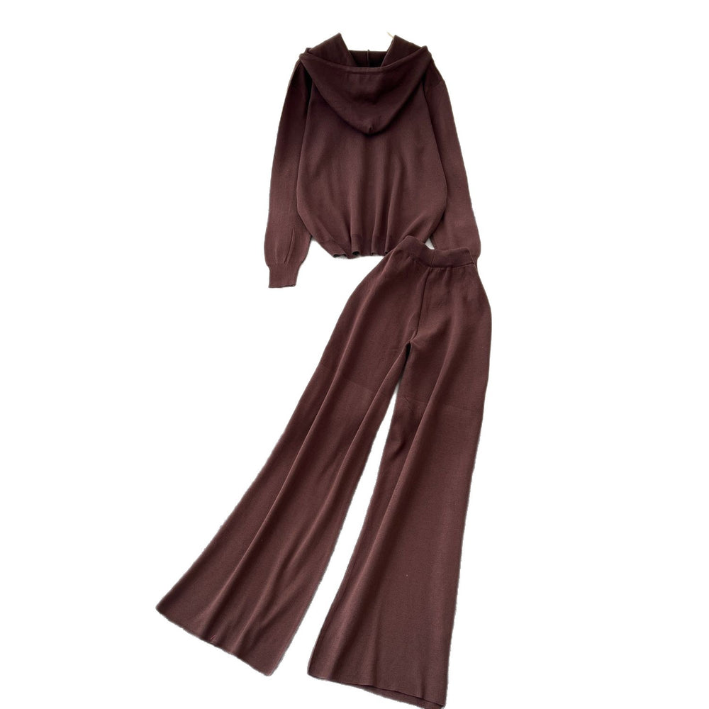 Relaxed and effortless style: women's fall/winter sweater set - premium hotfix rhinestone detail, oversized hooded knit top & casual wide-leg pants