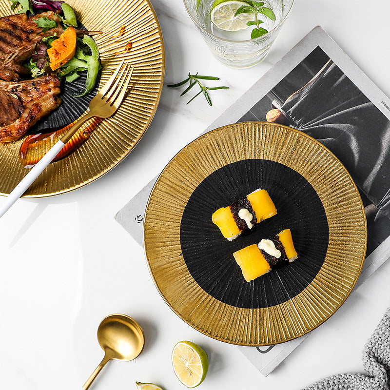 Gold-trimmed ceramic dinnerware: western steak plates, sushi rectangular dishes, hotel gold-edged buffet plates - wholesale