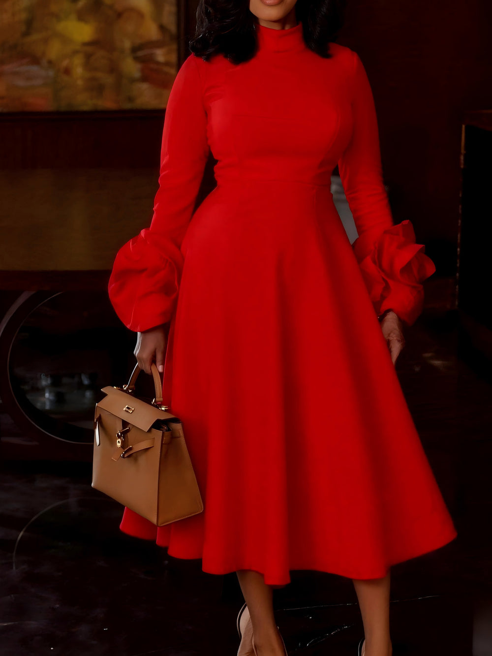 New plus size elegant midi a-line dress - mock neck, long sleeves, 3d floral sleeves, chic dress
