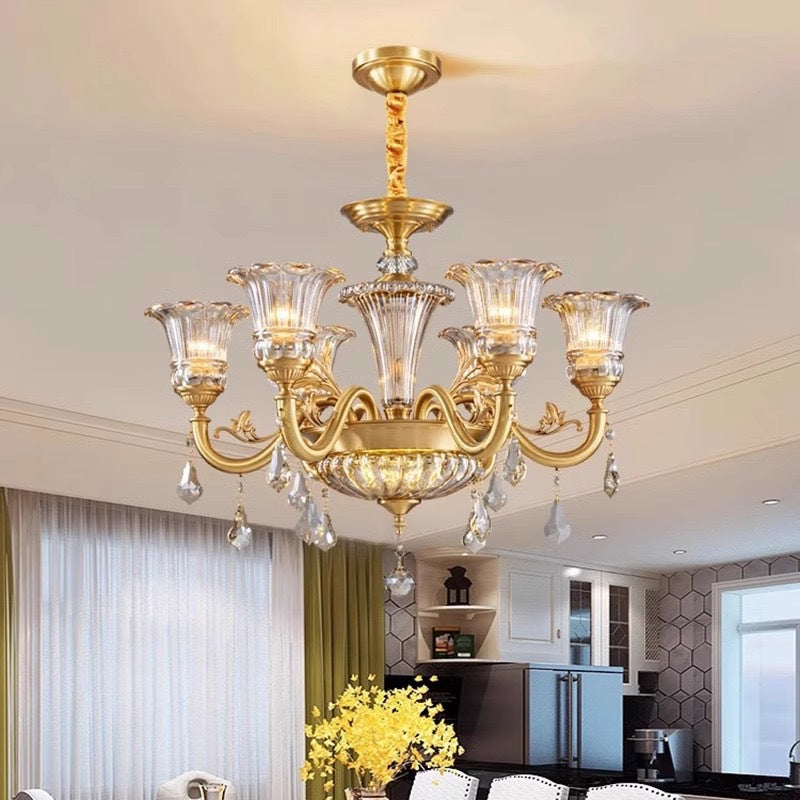 European crystal all-copper chandelier villa atmosphere living room dining room light duplex floor room American lighting light luxury chandelier