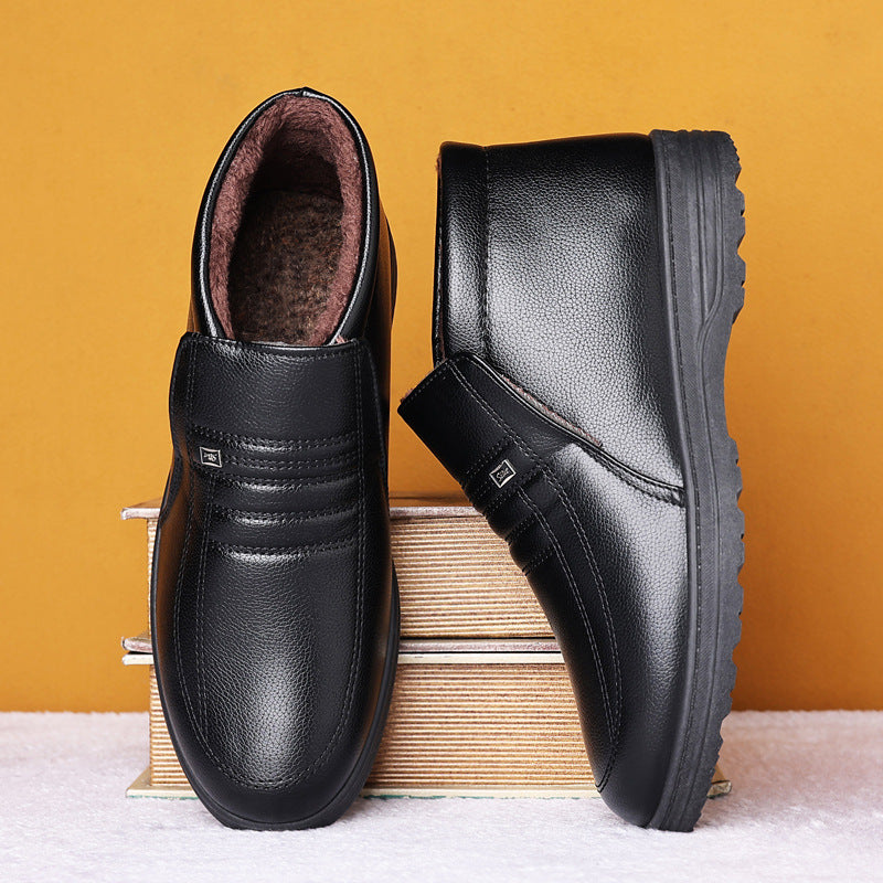 Men's winter warm cotton shoes - fleece lined, non-slip, casual high-top cotton shoes for men, elderly cotton shoes, men's leather cotton shoes for seniors
