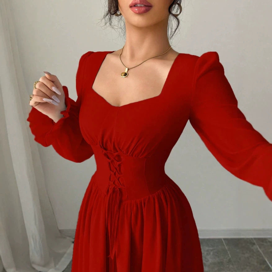 European and american cross-border  new arrival: red square neck bubble sleeve maxi dress with criss-cross tie waist