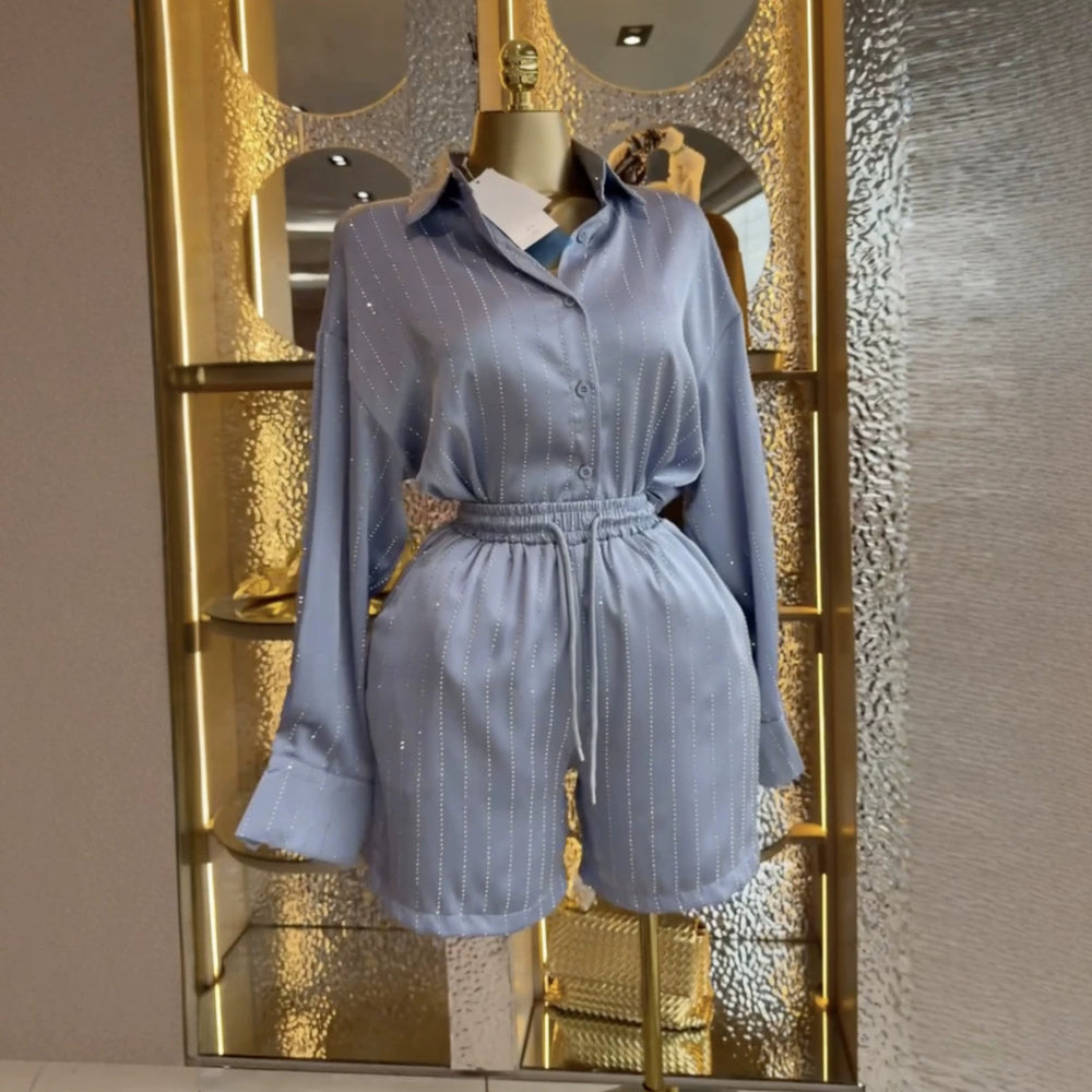 European and american style women's clothing  autumn new collection: sweet and fresh striped turn-down collar long-sleeve shirt and high-waisted straight-leg shorts two-piece set