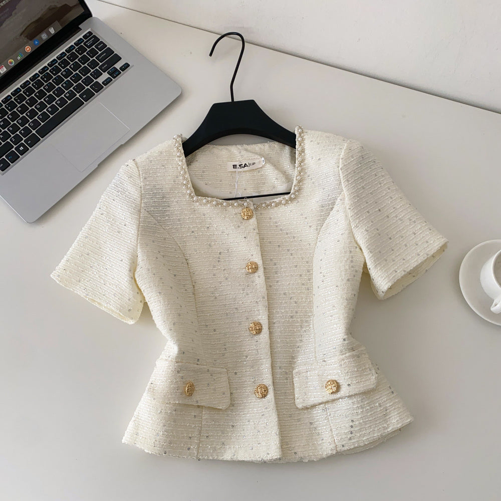 French style beaded square neck short sleeve blouse - women's commute top with sequins, elegant, slimming, and figure-flattering