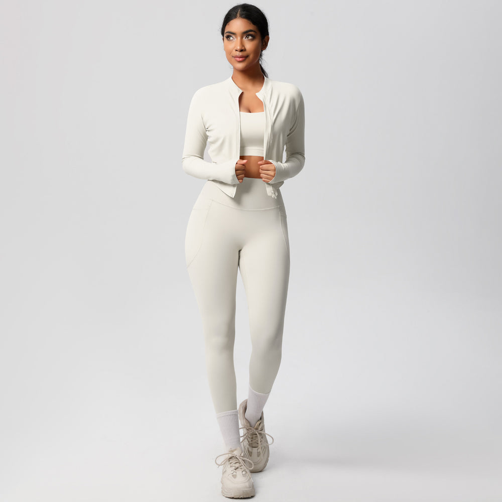 European and american new high-waisted tight-fitting pocket yoga outfit set - quick-dry brushed fabric, outdoor running fitness activewear three-piece set
