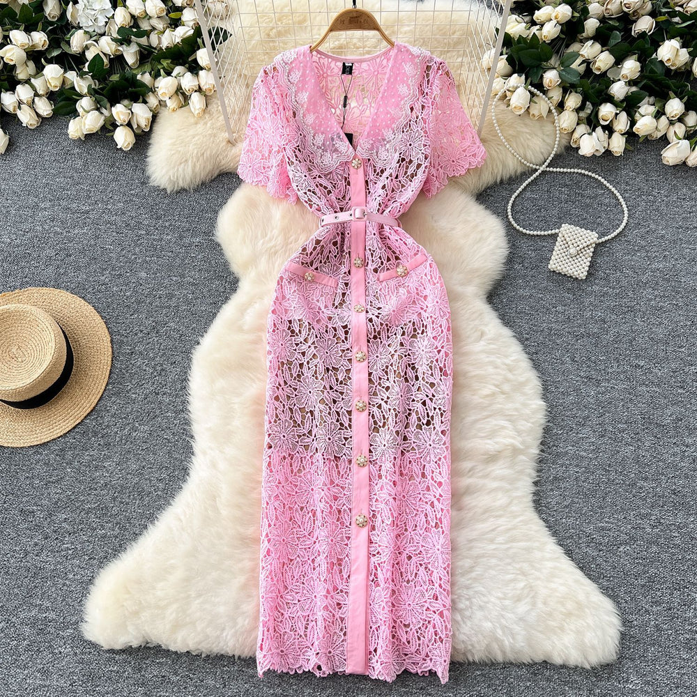 Elegant chanel-inspired summer dress for women - sweetheart style with peter pan collar, short sleeves, beaded single-breasted closure, slim fit, and lace crochet detailing