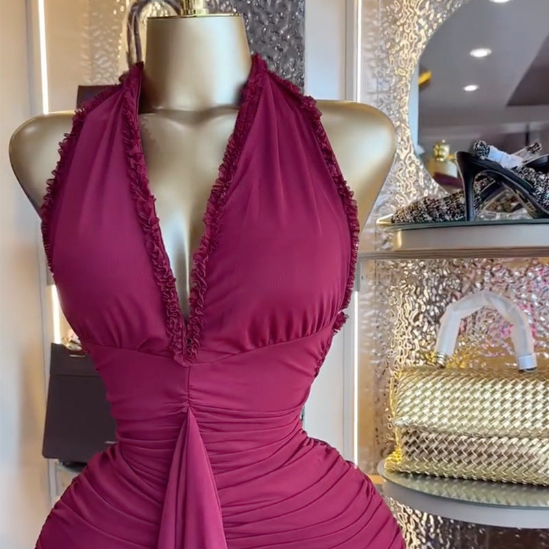 European and american women's clothing  autumn new collection: sweet and fresh tie-neck halter v-neck high-waisted slimming bodycon dress