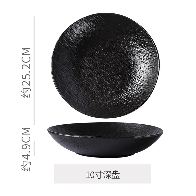 Vintage rock texture ceramic dinnerware set - soup plates, fish plates, steak plates, and vegetable plates - matte finish, high-end black and white dinnerware set