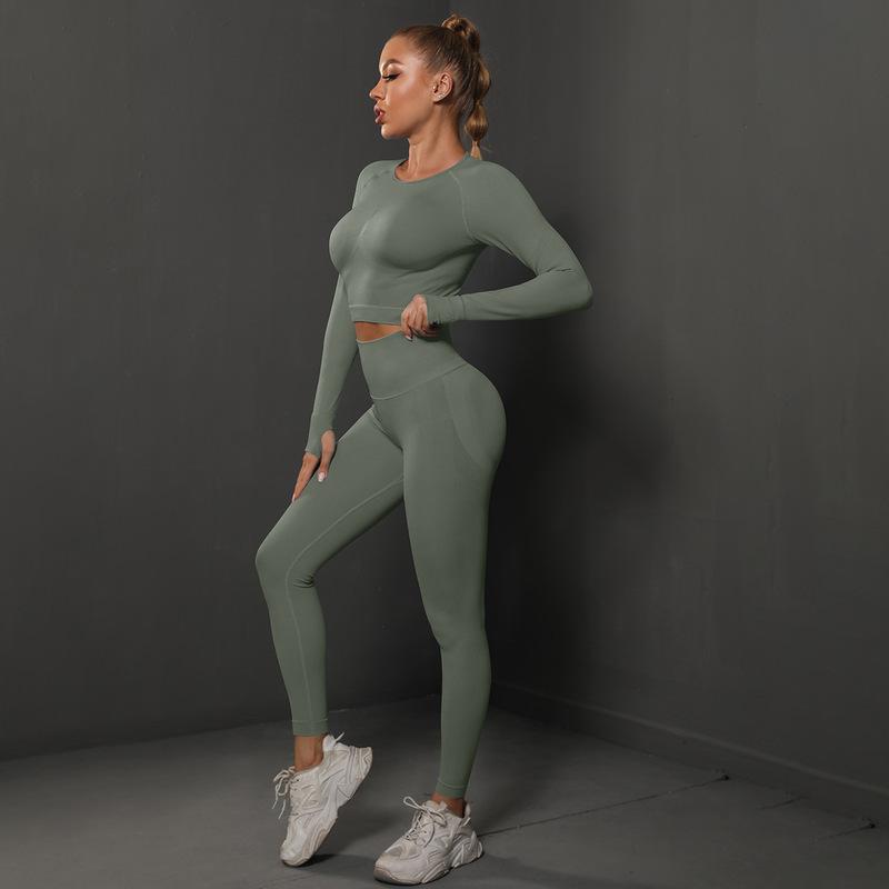 New solid color knitted peach lift tight yoga leggings set - seamless fitness activewear for women, perfect for running and yoga