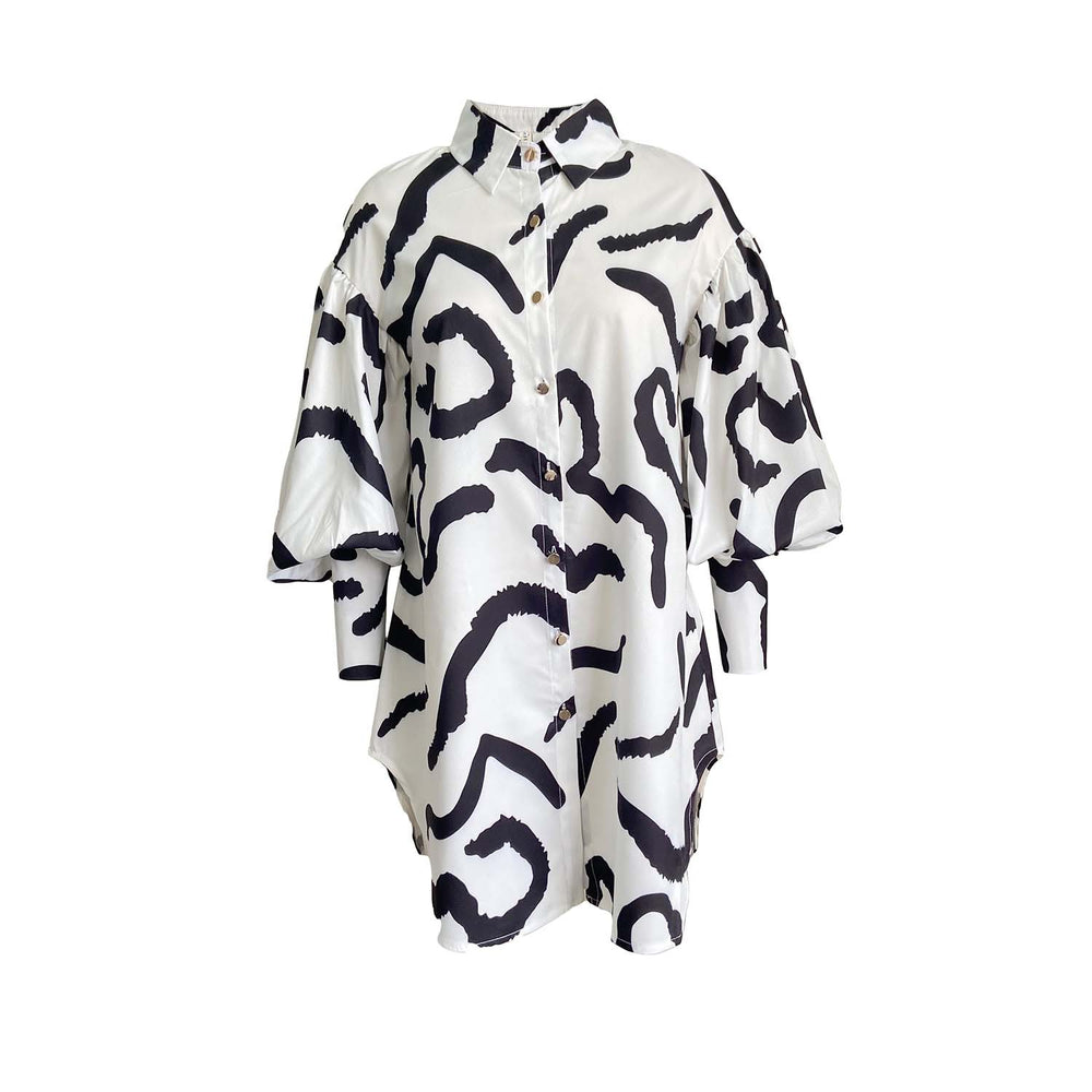 D191 independent station  new long-sleeved printed puff sleeve loose large size shirt skirt cross-border fashion dress